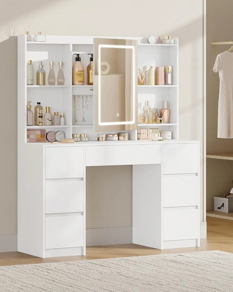 Masuta machiaj cu Oglinda LED si 7 Sertare pentru Cosmetice, Set Masa toaleta 108 cm, Alb, masuta cosmetica, vanity - SEA4