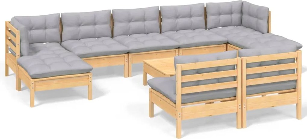 vidaXL Set mobilier de grădină cu perne gri 10 piese lemn masiv de pin