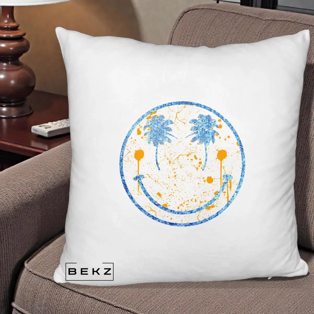 Perna Decorativa Smiley Face Tropical Albastru Glitter si Portocaliu, 40x40 cm, Alb Pufos, Husa Detasabila, Perna Inclusa, BEKZ®