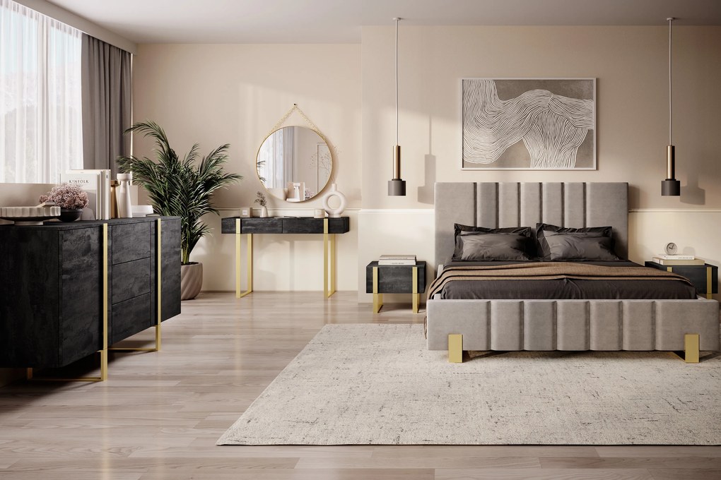 Consolă / măsuță toaletă modernă Verica 120 cm cu picioare metalice - beton negru / picioare aurii