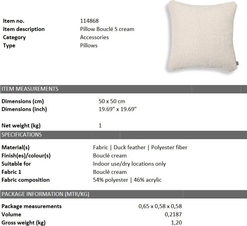 Perna decorativa LUX 50x50cm, Bouclé Cream S 114868 HZ