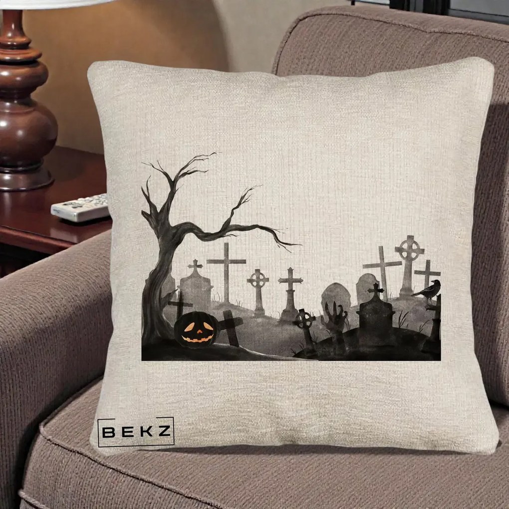 Perna Decorativa Halloween Cimitir Acuarela cu Dovleac, 40x40 cm, Bej Canapea, Husa Detasabila, Perna Inclusa, BEKZ®