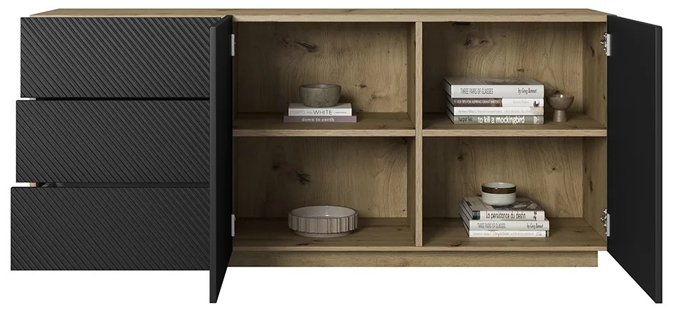Comodă cu sertare Asha 167 cm cu 2 uși - artisan / negru mat