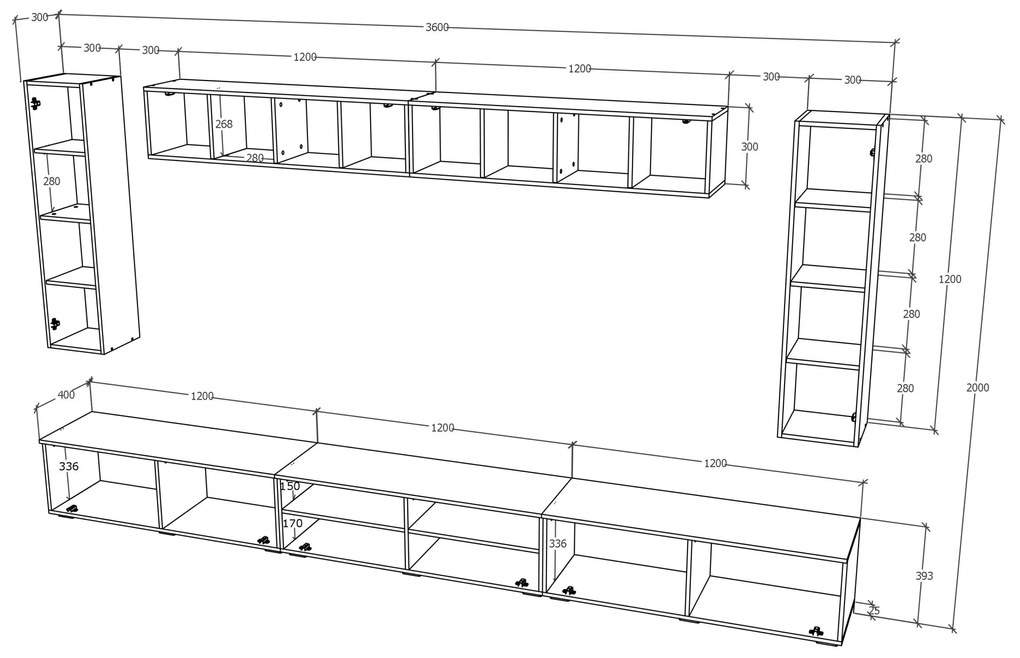 Living haaus Haga V6, Alb Lucios/Negru, MDF, L 360 cm