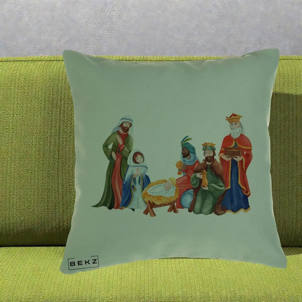 Perna Decorativa Nasterea Domnului Cei Trei Magi Acuarela, 40x40 cm, Verde, Husa Detasabila, Perna Inclusa, BEKZ®