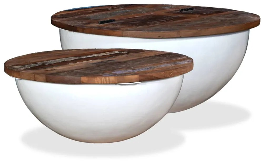 Set masute cafea, 2 piese, alb, lemn masiv reciclat, forma bol