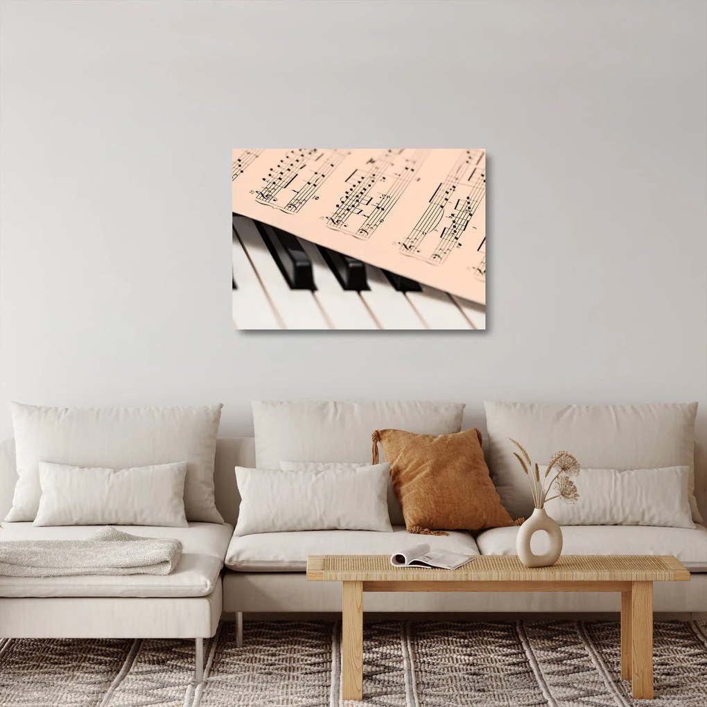 Tablou pe sticlă cu pian și notele muzicale (70x50 cm)