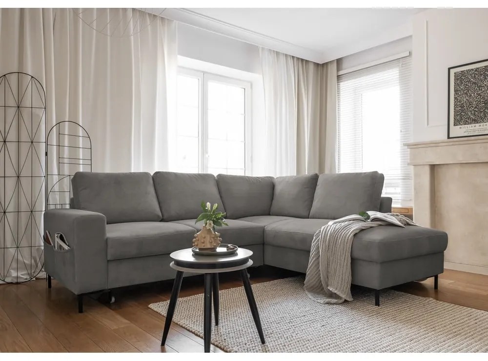 Colțar gri extensibil cu tapițerie din catifea reiată (cu colț pe partea dreaptă) Lofty Lilly – Miuform