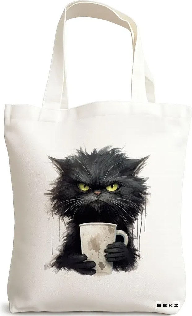 Sacosa de Panza pentru Cumparaturi, Geanta Tote, model Coffee Addict, 38x34.5 cm, Alba, BEKZ®