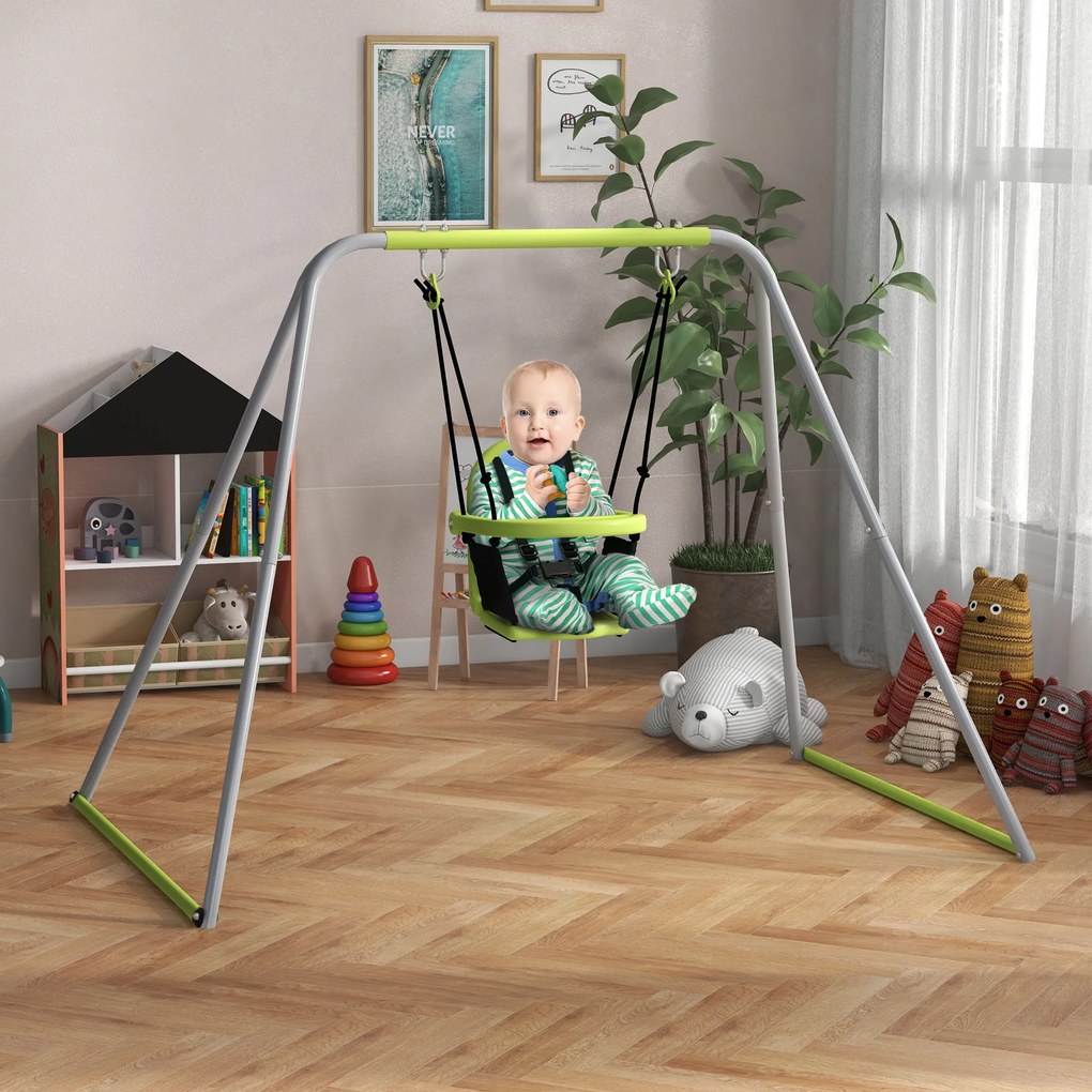 Outsunny Balansoar portic balansoar 2 în 1 pentru bebeluși curea de siguranță cu 5 puncte interior exterior verde | Aosom Romania