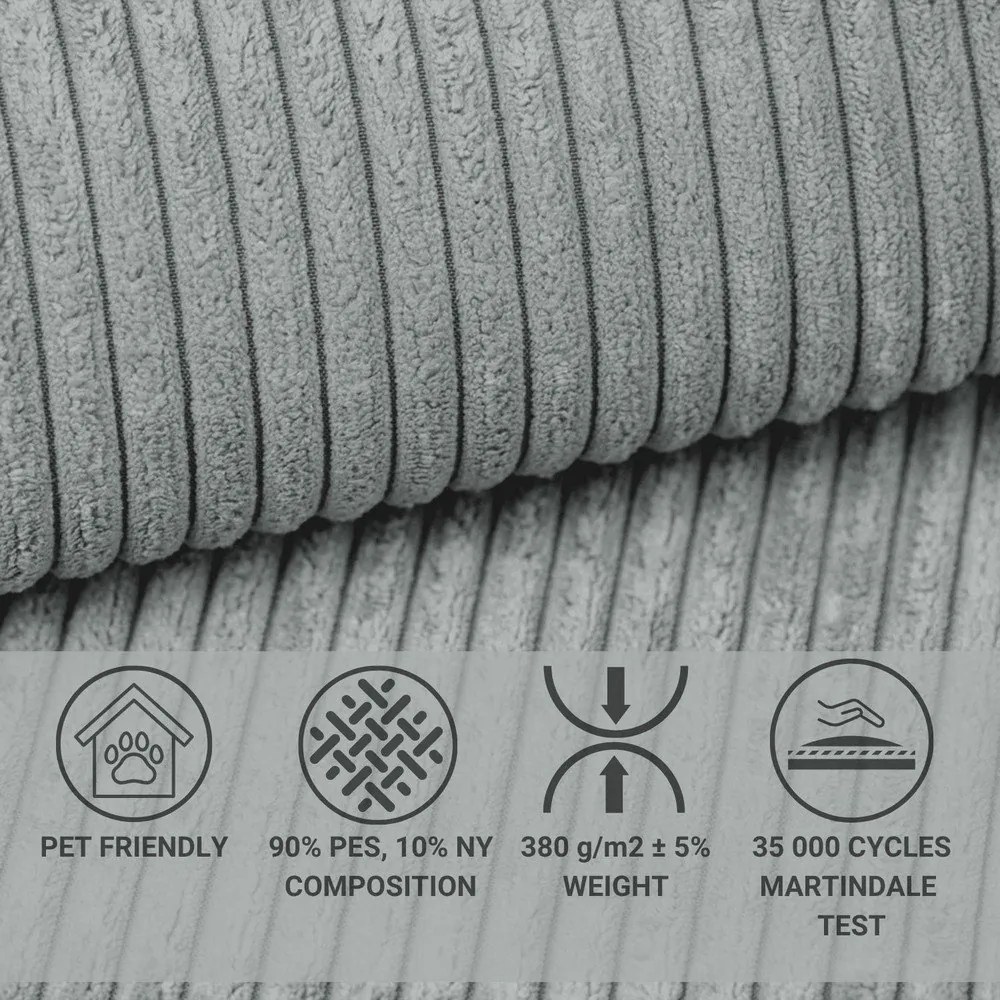 Colțar gri extensibil/cu spațiu de depozitare cu tapițerie din catifea reiată (cu colț pe partea stângă/în formă de ”L”) Tonga – Maison de Rêve