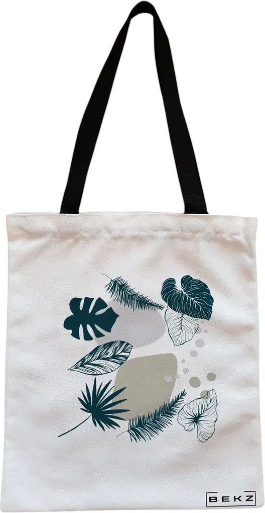 Sacosa de Panza pentru Cumparaturi, Geanta Tote, model Design Botanic, Cu fermoar, 38x34.5 cm, Alba, BEKZ®