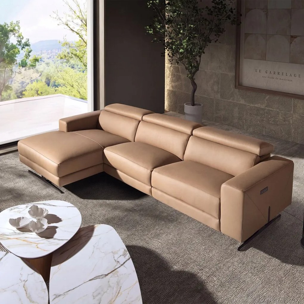 Coltar LUX design italian cu sezlong stanga Piele Naturala, Brown