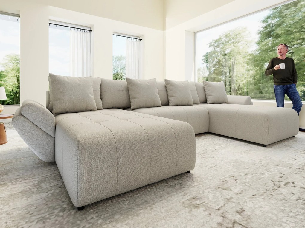 Colțar extensibil dumonde cu ladă de depozitare si sezut confortabil din spuma high-density, Berlin U Enjoy Bej 380x180 cm