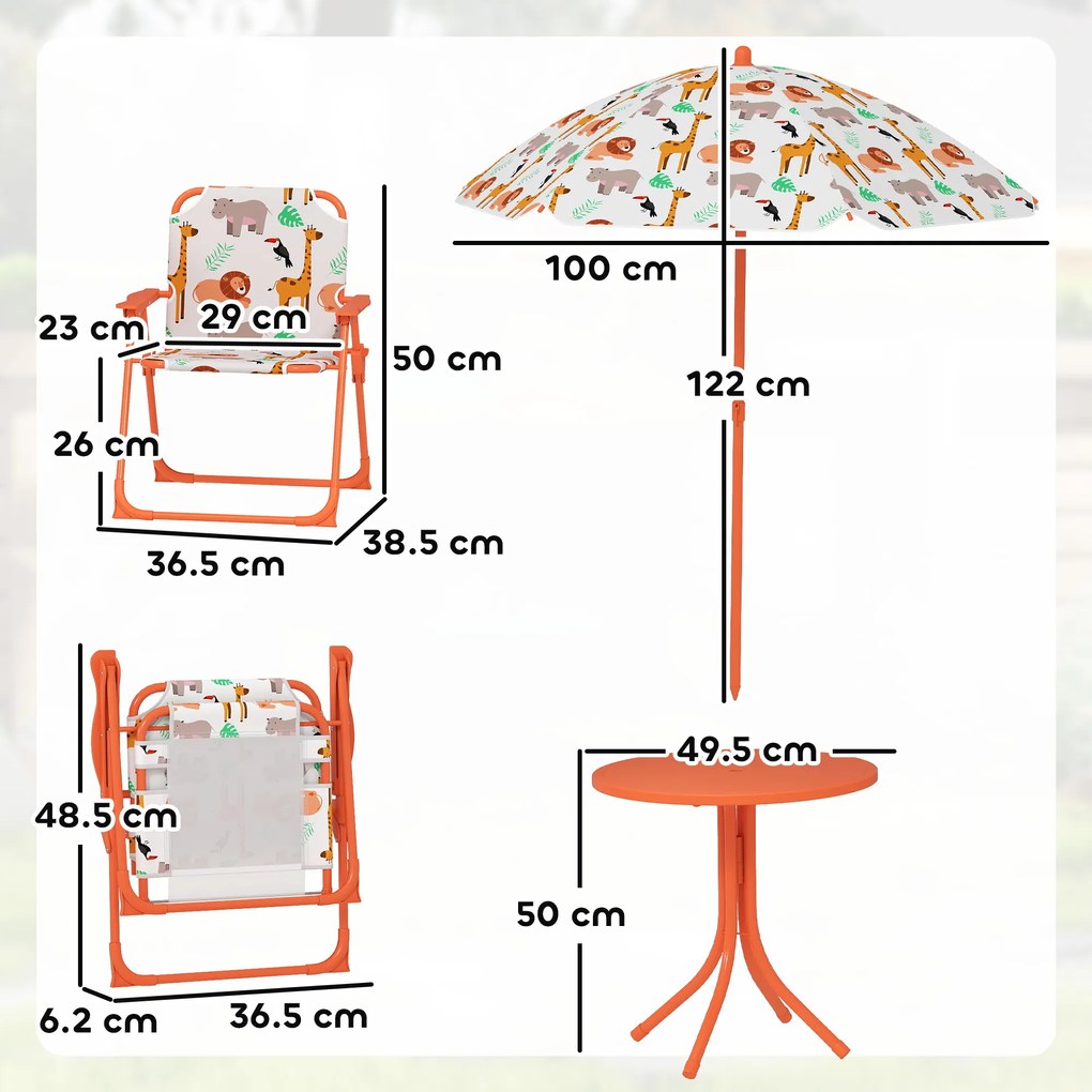 AIYAPLAY Set de Grădină pentru Copii, Masă și Scaune cu Umbrelă, Masă de Picnic pentru Exterior cu 2 Scaune Pliabile pentru Copii de 2-5 Ani, Portocaliu | Aosom Romania