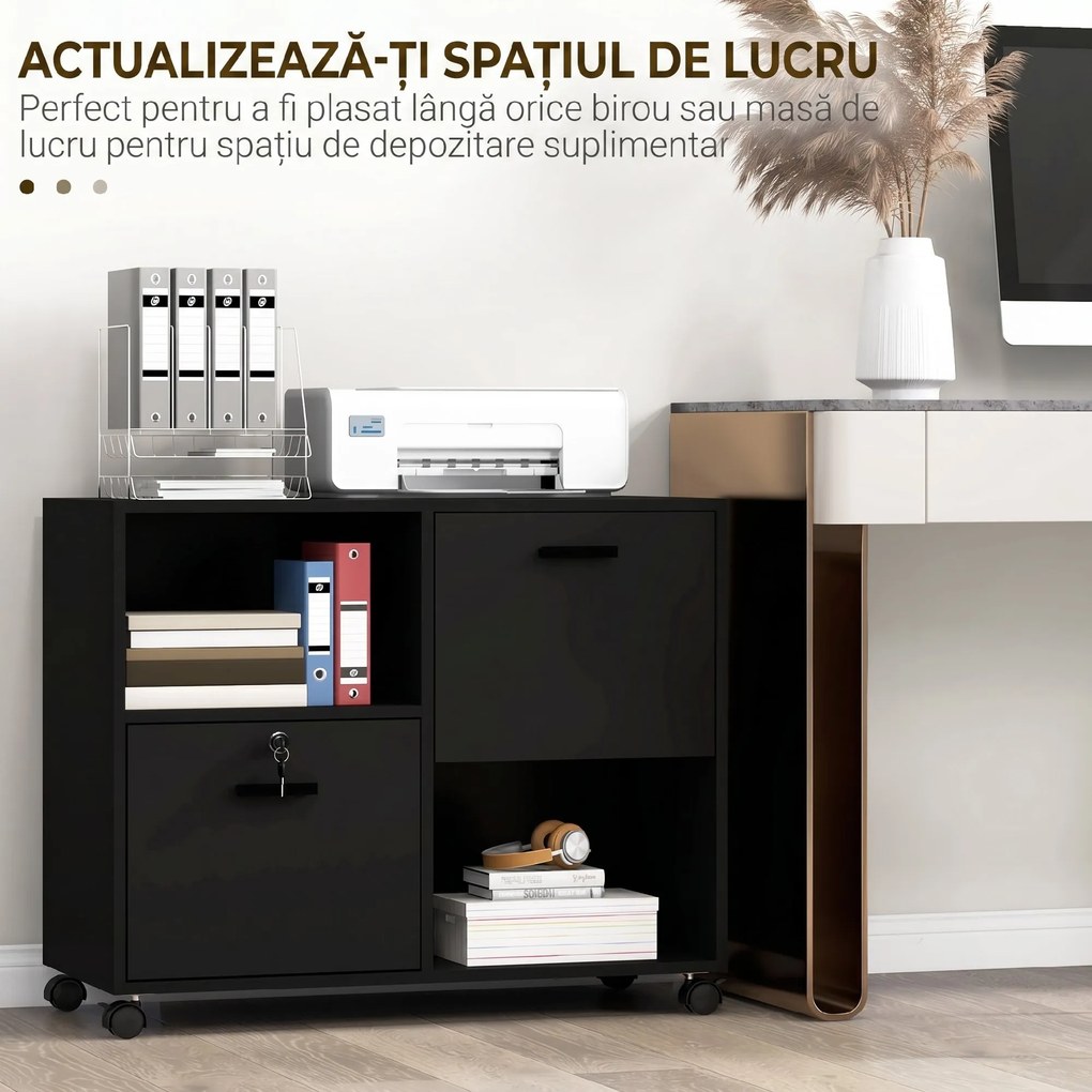 Vinsetto Dulap Mobil de Birou cu 2 Sertare pentru Dosare Rafturi Deschise PAL Manere Oțel Roti Blocare 80x40x66cm Negru | Aosom Romania