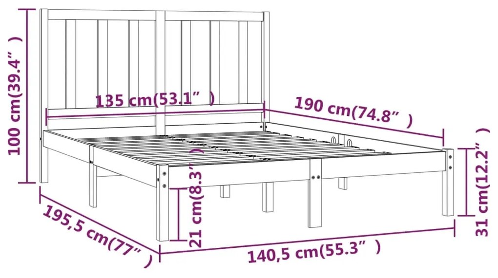 Cadru de pat dublu 4FT6, alb, 135x190 cm, lemn masiv pin Alb, 135 x 190 cm