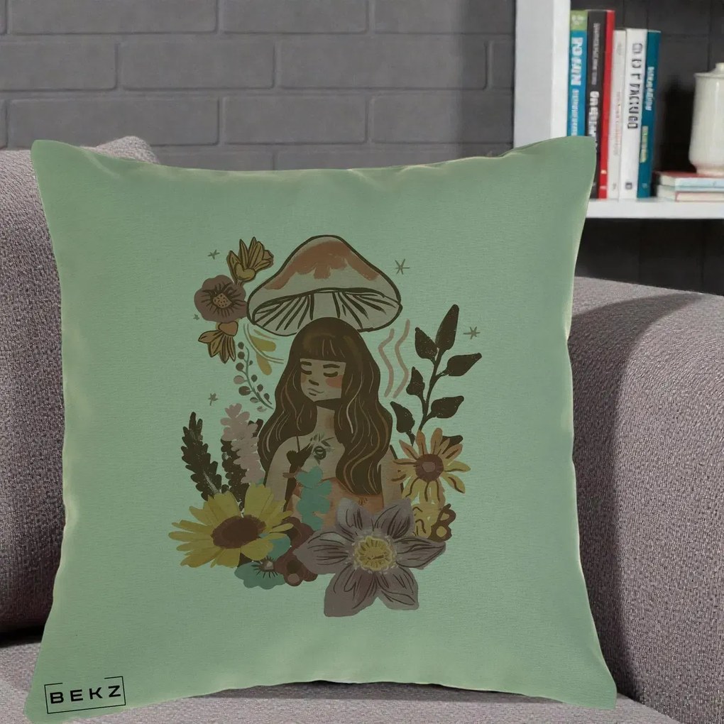 Perna Decorativa Fata Ciuperca Boho Florala, 40x40 cm, Verde, Husa Detasabila, Perna Inclusa, BEKZ®