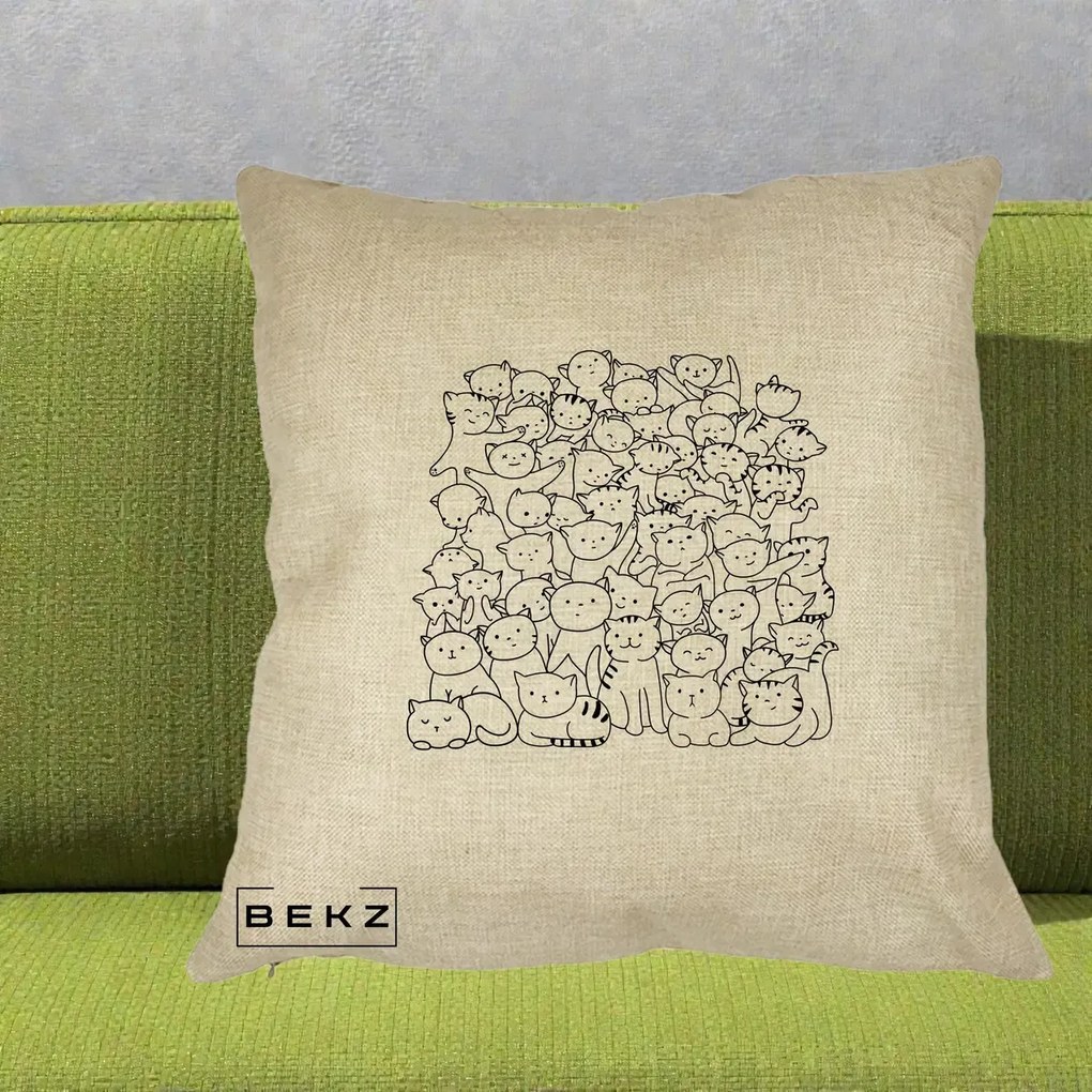 Perna Personalizata Many Cats Pattern Alb-Negru, 40x40 cm, Crem, Husa Detasabila, Perna Inclusa, BEKZ®