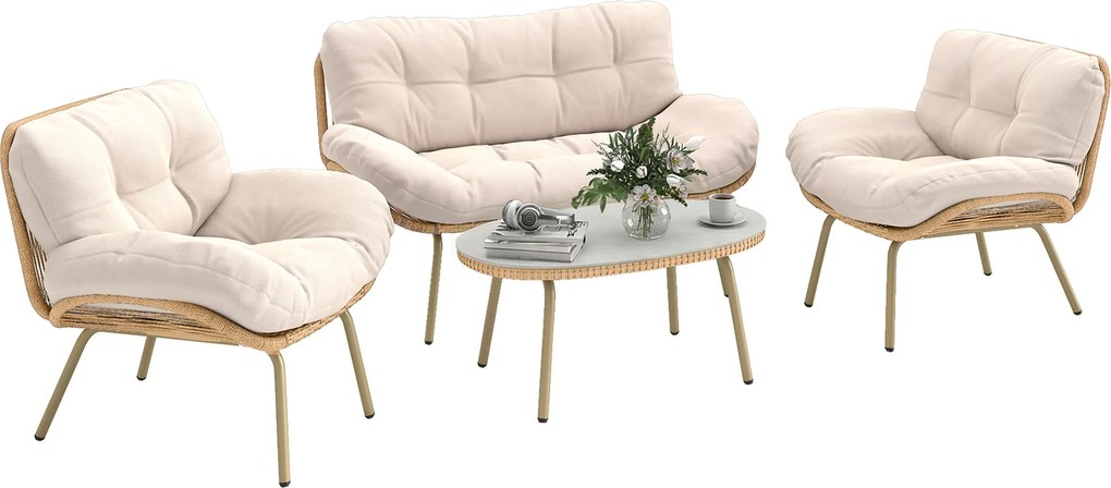 Outsunny Set mobilier grădină 4 piese Set lounge din polyrattan cu canapea 2 locuri 2 fotolii masă Șezut adânc Perne groase | Aosom Romania