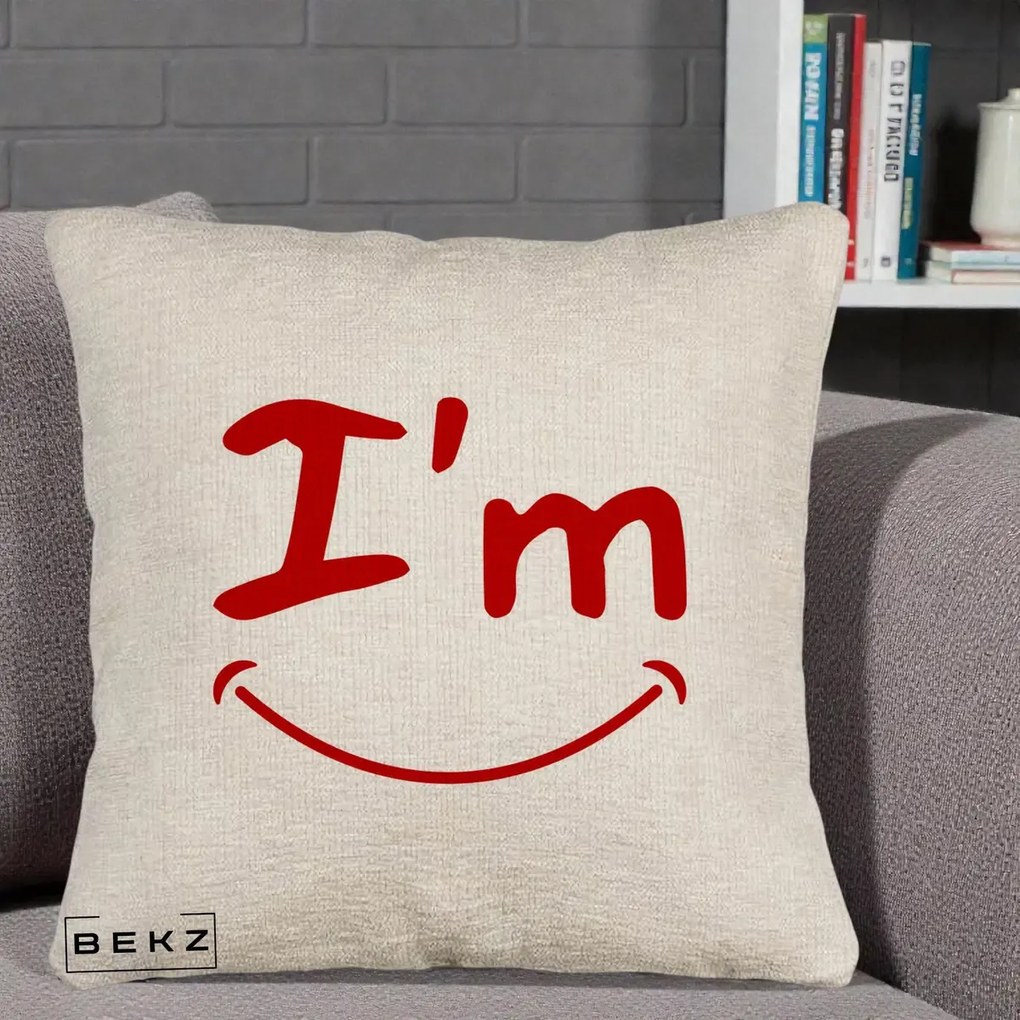 Perna Decorativa I'm Happy Smile, 40x40 cm, Bej Canapea, Husa Detasabila, Perna Inclusa, BEKZ®
