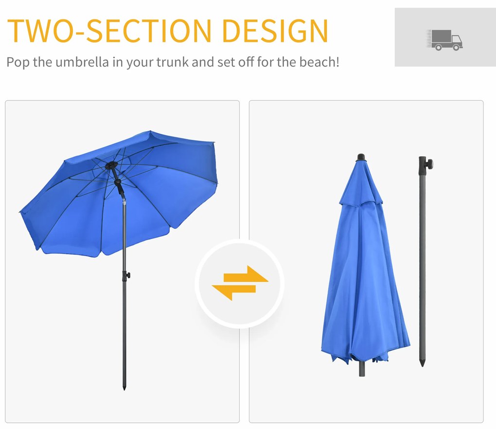 Outsunny Umbrelă de Soare pentru Plajă cu Tetieră care se Înclină la 45° și Design în 2 Secțiuni, Ø180x209 cm, Albastru | Aosom Romania