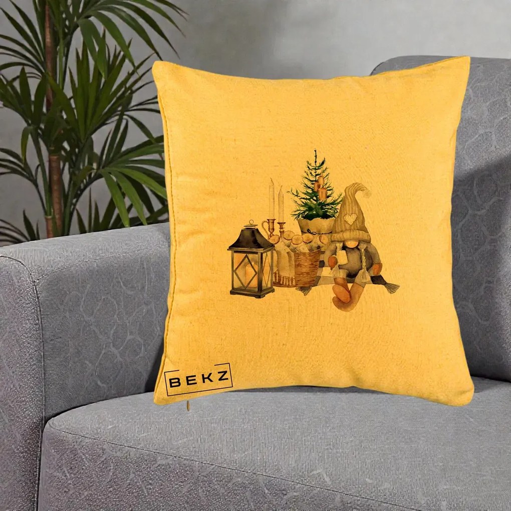 Perna Decorativa Gnom Scandinav cu Felinar, 40x40 cm, Galben, Husa Detasabila, Perna Inclusa, BEKZ®
