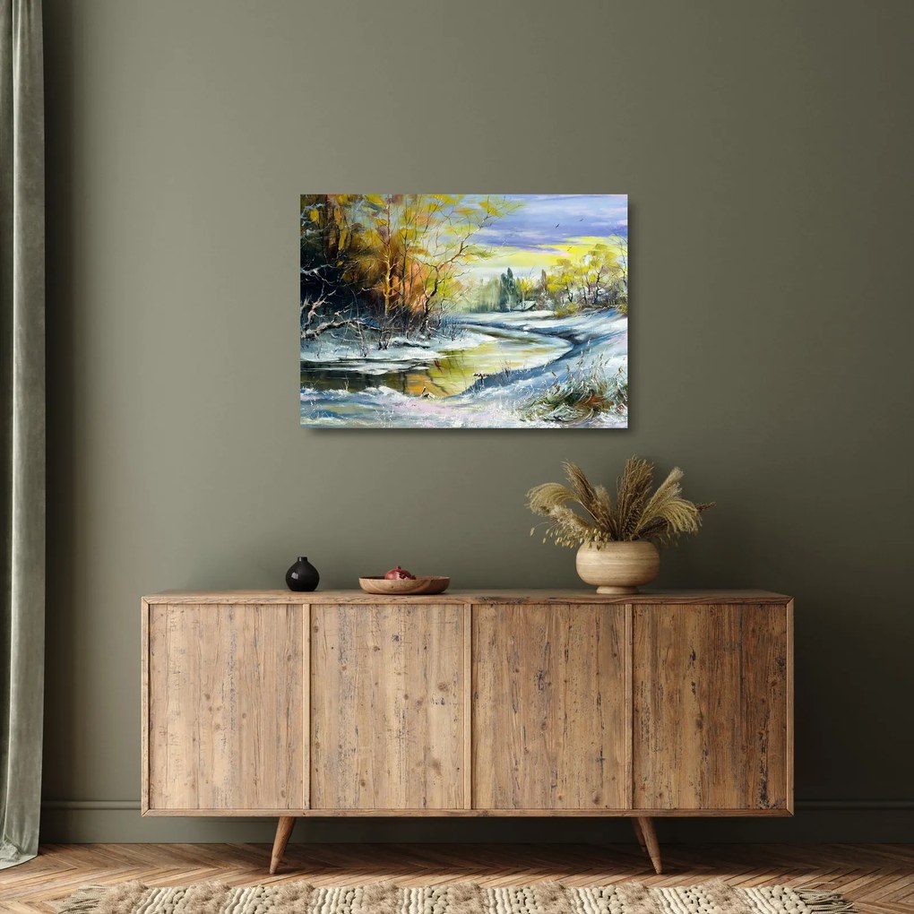 Tablou pe sticlă - Râu de iarnă, pictură în ulei (70x50 cm)