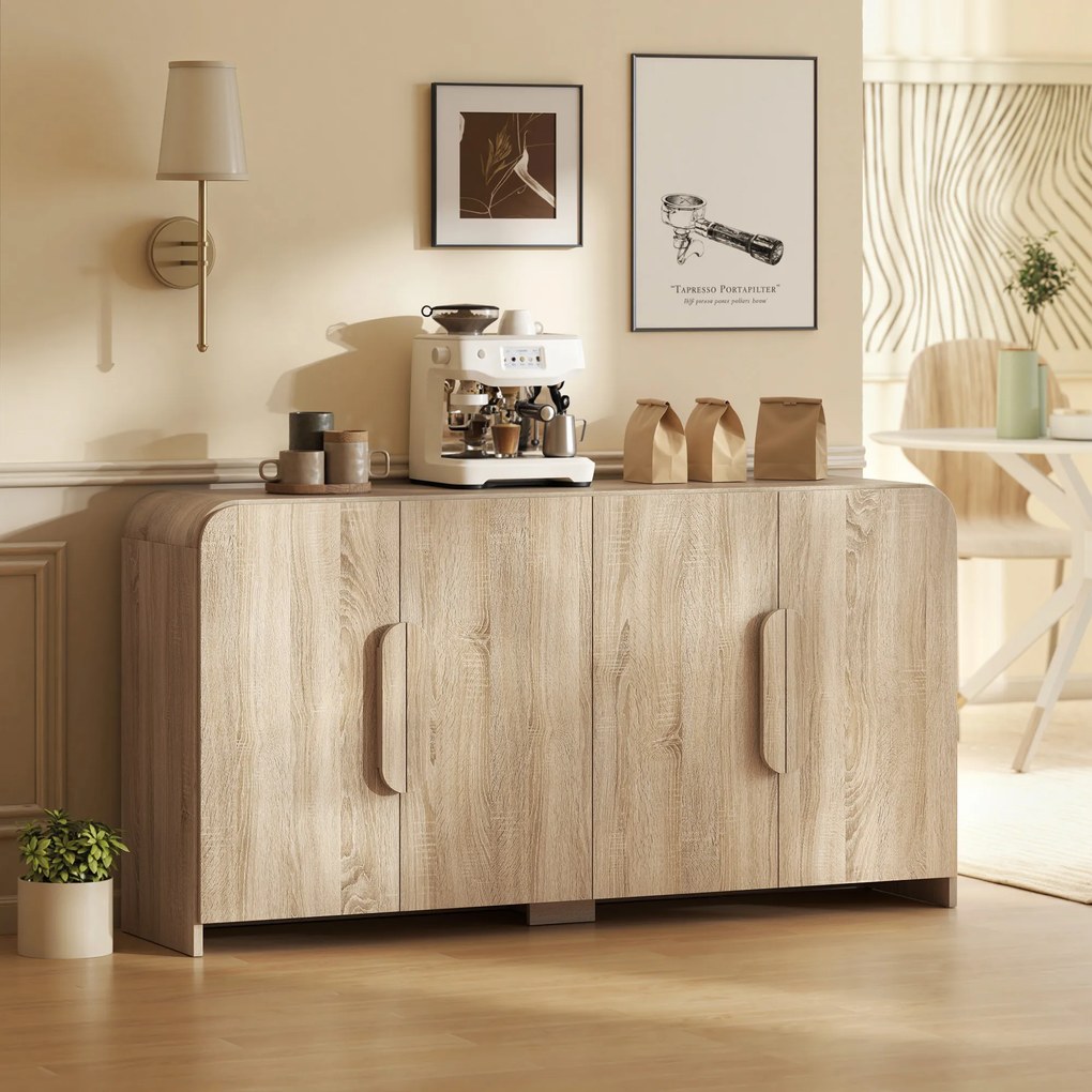 HOMCOM Comodă pentru Bucătărie, Mobilă cu Uși Soft-Close, Colțuri Rotunjite, Rafturi Reglabile, Stil Modern, Comodă pentru Living, Sufragerie, 157,4x39x82cm, Lemn Natural | Aosom Romania