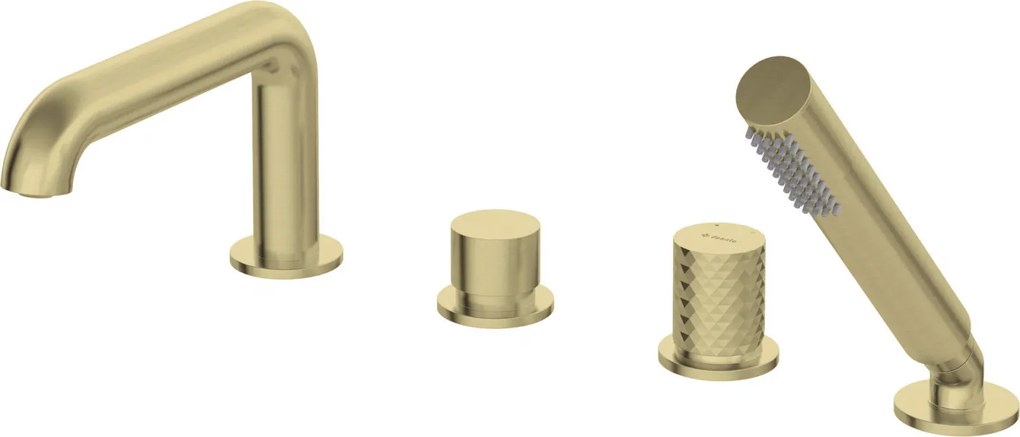 Baterie pentru cada, auriu periat, cu 4 orificii, set dus inclus, Deante Silia Hexa Auriu