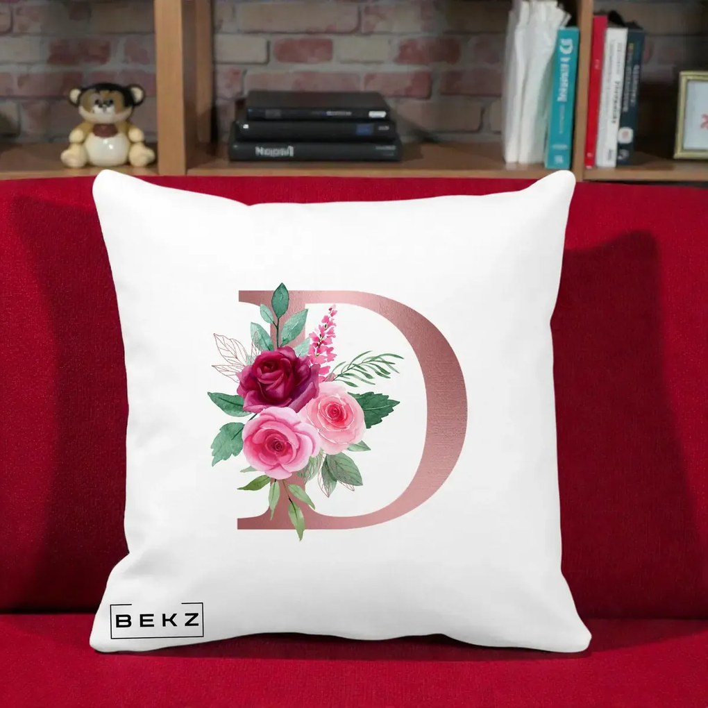 Cadou Personalizat - Perna Personalizata Monograma Rose Gold Litera D, 40x40 cm, Alba Mata, Husa Detasabila, Perna Inclusa, BEKZ®