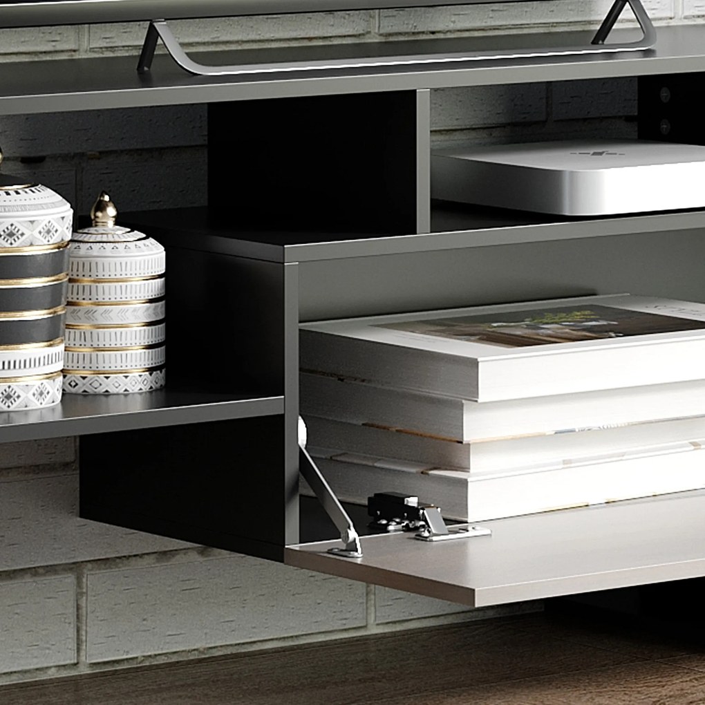 HOMCOM Ansamblu mobilier TV cu banc și raft de perete stil contemporan 153,6L cm - negru | Aosom Romania