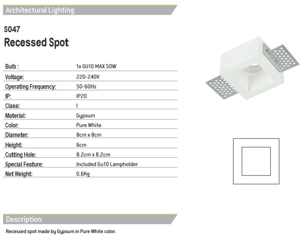 Spot incastrabil tavan Gypsum alb