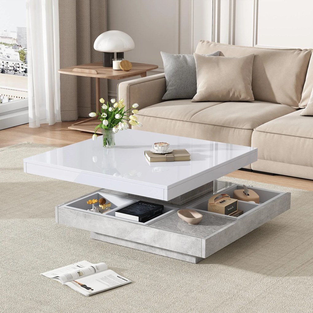 Măsuță de cafea lucioasă, rotativă la 360°, cu blat pe 2 niveluri și compartiment de depozitare, 70x70x36 cm, Alb