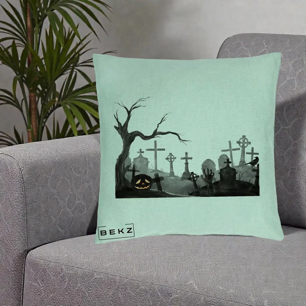Perna Decorativa Halloween Cimitir Acuarela cu Dovleac, 40x40 cm, Verde Menta, Husa Detasabila, Perna Inclusa, BEKZ®