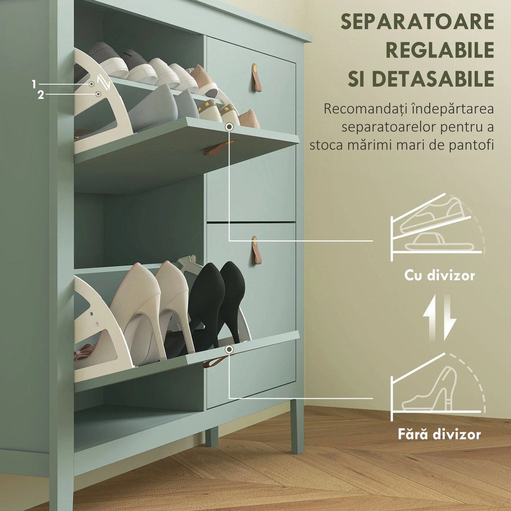 HOMCOM Comodă pentru pantofi 20 perechi, dulap pantofi cu 4 sertare rabatabile, rafturi detașabile și ajustabile, verde | Aosom Romania