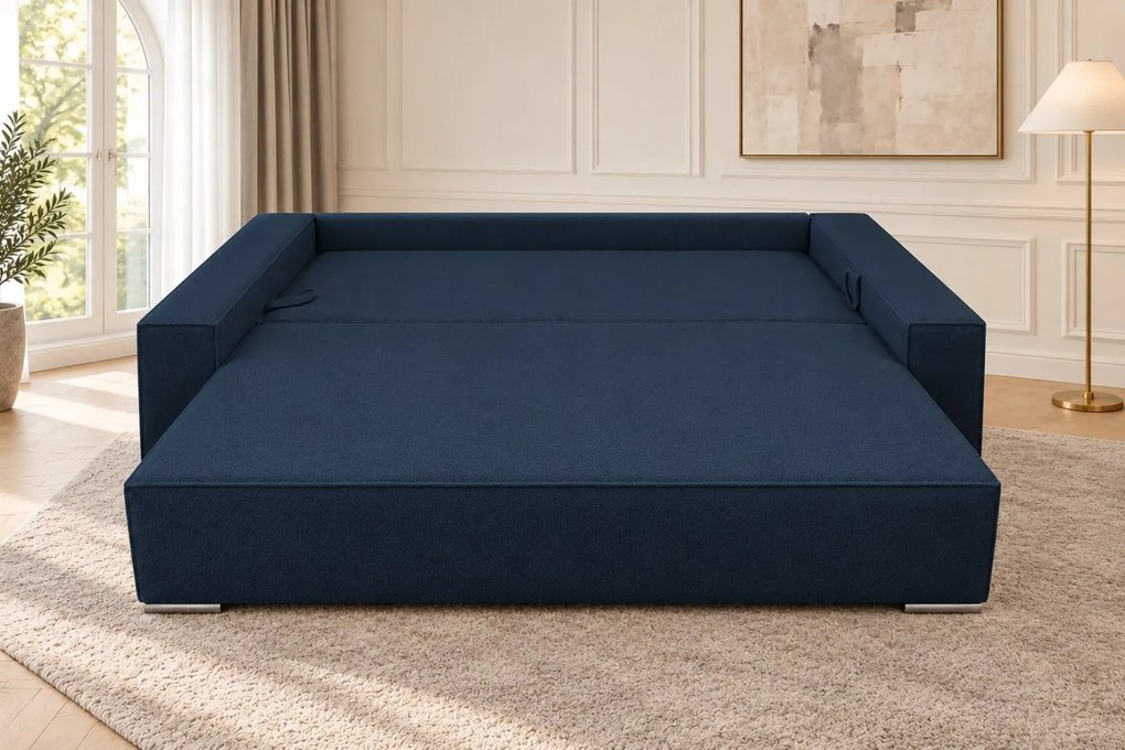 Canapea extensibilă Perla din boucle, bleumarin, cu ladă de depozitare