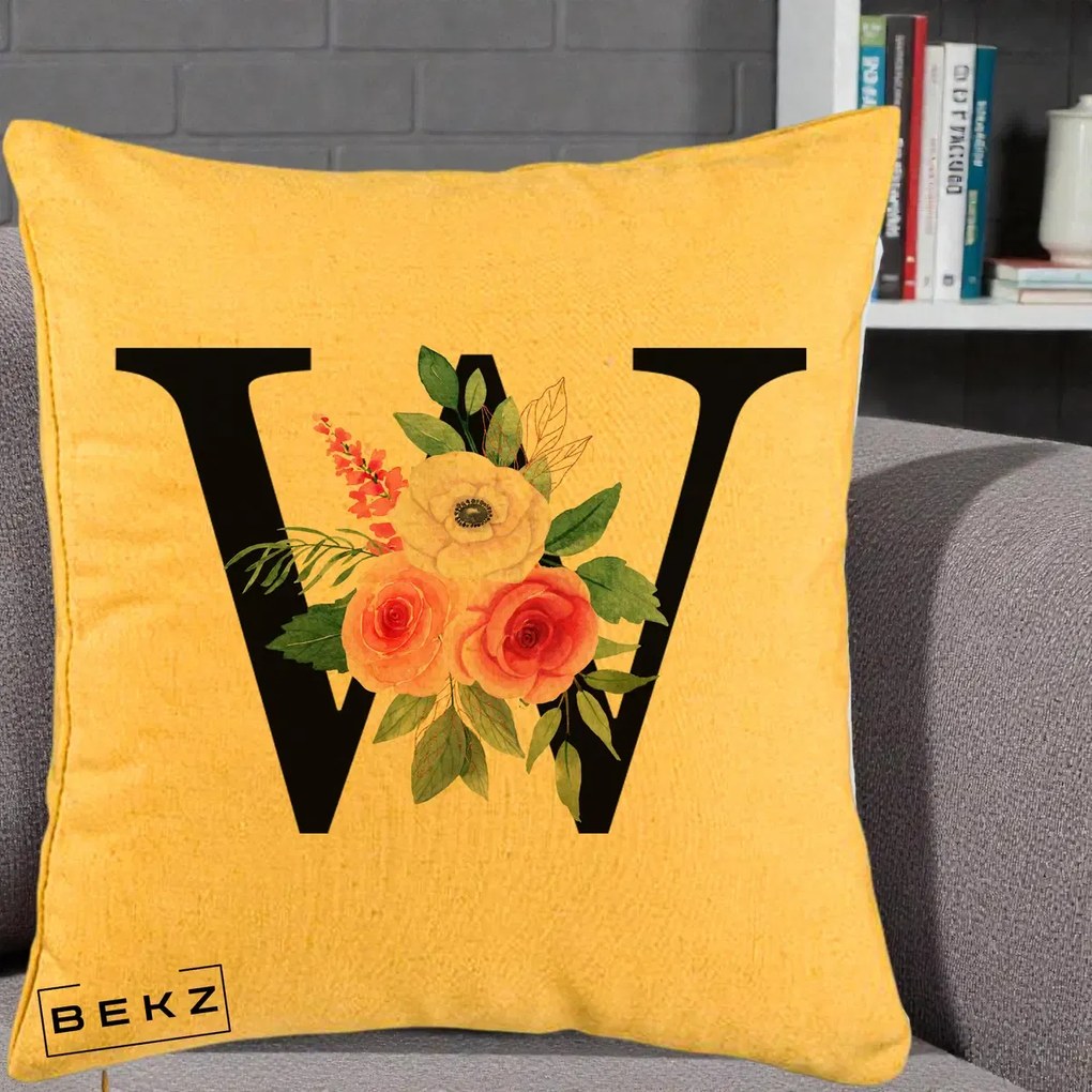 Cadou Personalizat - Perna Personalizata Monograma Florala Litera W cu Trandafiri si Anemona, 40x40 cm, Galben, Husa Detasabila, Perna Inclusa, BEKZ®