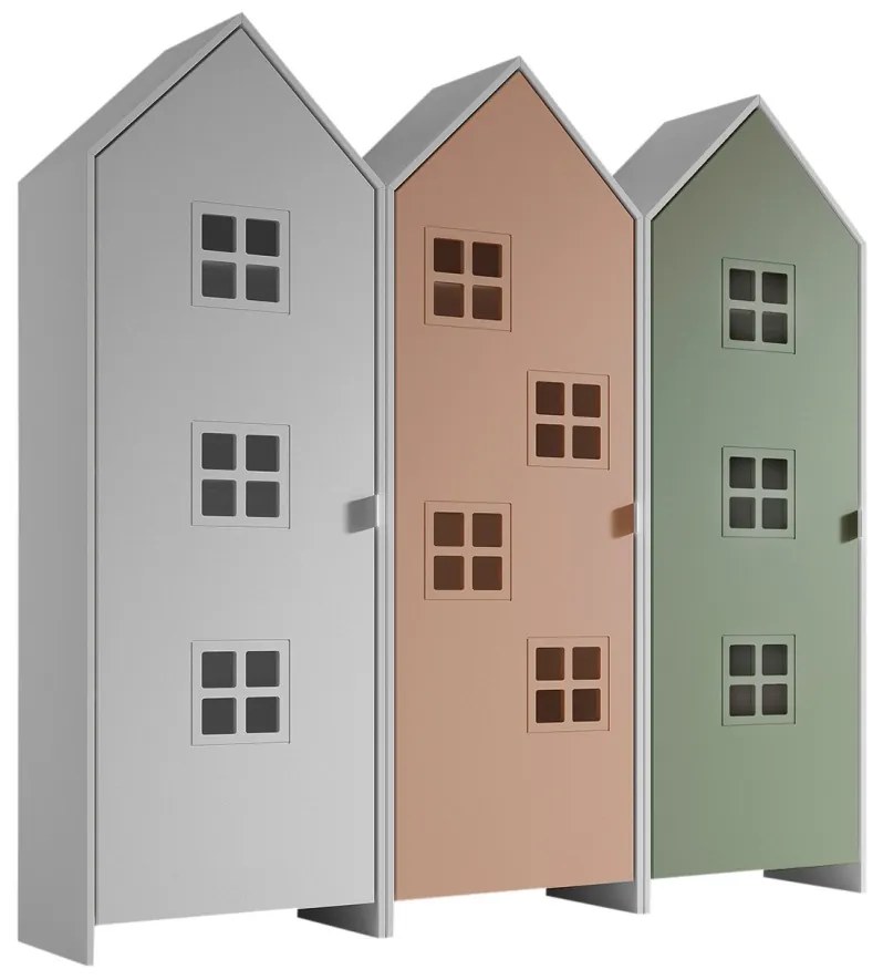 Set 3 dulapuri pentru copii Casami Bruges tip colibă de plajă – 1 cu ușă albă, 1 cu ușă Roz Confortabil și 1 cu ușă Verde Intens – Vipack