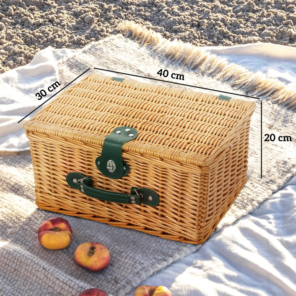 Outsunny Coș de Picnic din Răchită pentru 2 Persoane cu Zonă Frigorifică și Veselă, 40x30x20 cm, Maro Deschis | Aosom Romania