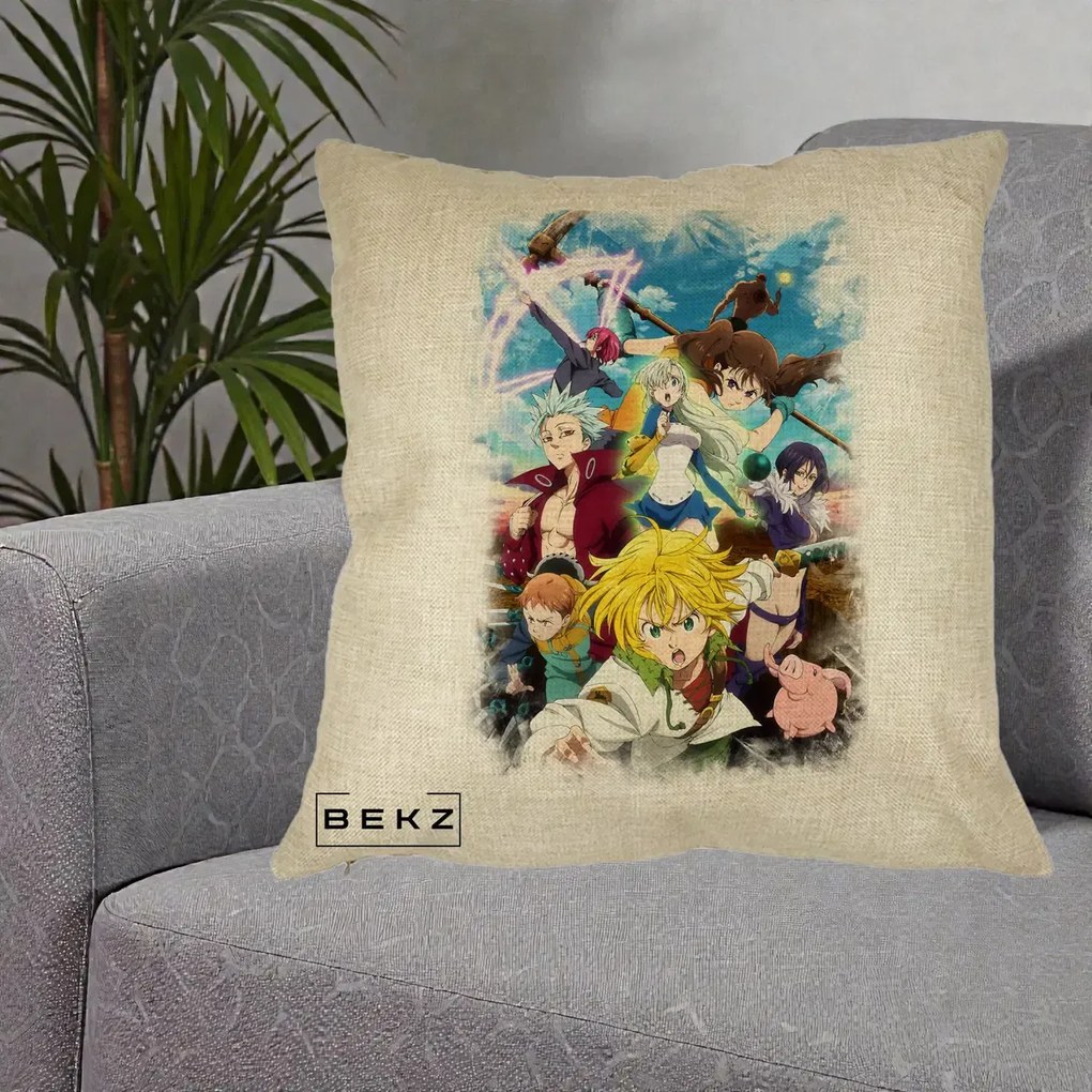 Perna Personalizata Nanatsu no Taizai Cele Sapte Pacate Mortale Anime, 40x40 cm, Crem, Husa Detasabila, Perna Inclusa, BEKZ®