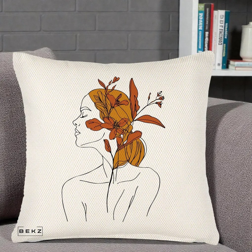 Perna Decorativa Portret Feminin Crin Ruginiu Auriu, 40x40 cm, Crem Reliefat, Husa Detasabila, Perna Inclusa, BEKZ®