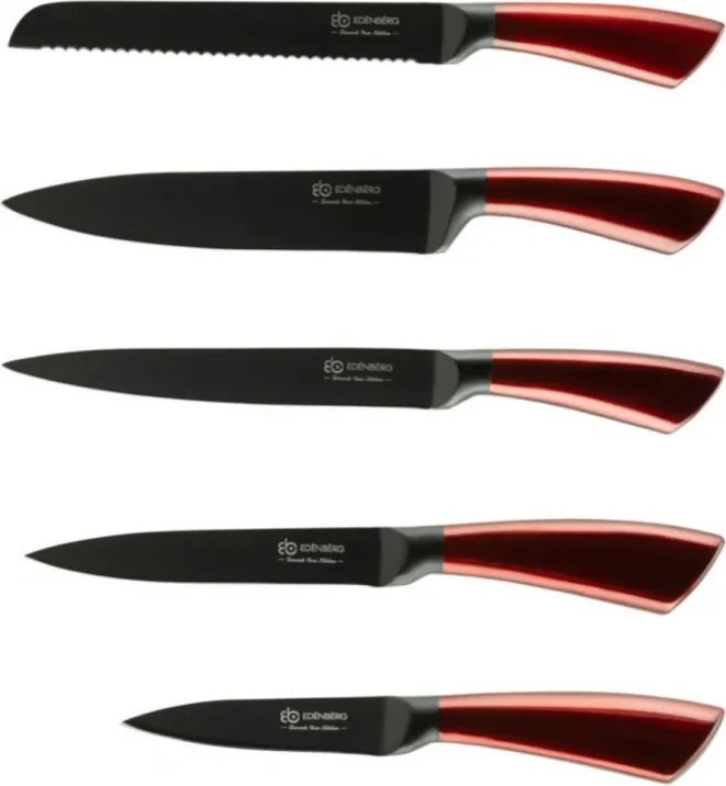 Set de cutite Edenberg EB-936, 5 piese, Otel carbon, Suport, Rosu
