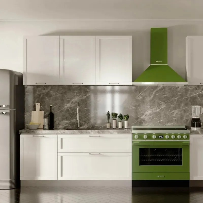 Hota decorativa SMEG Portofino KPF9OG, 275 W, A+, 781 m³/h, 3 viteze, 3 filtre, Supapa, Otel inoxidabil, LED, Verde