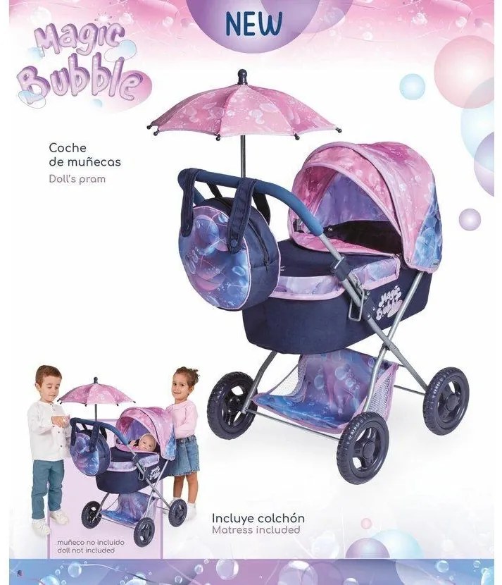 Rappa DeCuevas 85076 Cărucior pliabil pentrupăpuși cu umbrelă și geantă Magic Bubble 2024