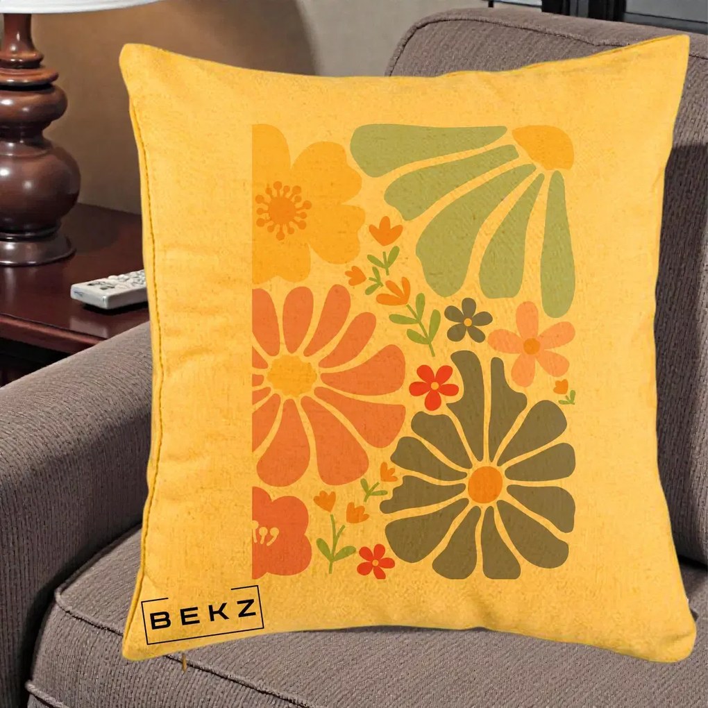 Perna Decorativa Flori Grafice Pastel Multicolor, 40x40 cm, Galben, Husa Detasabila, Perna Inclusa, BEKZ®