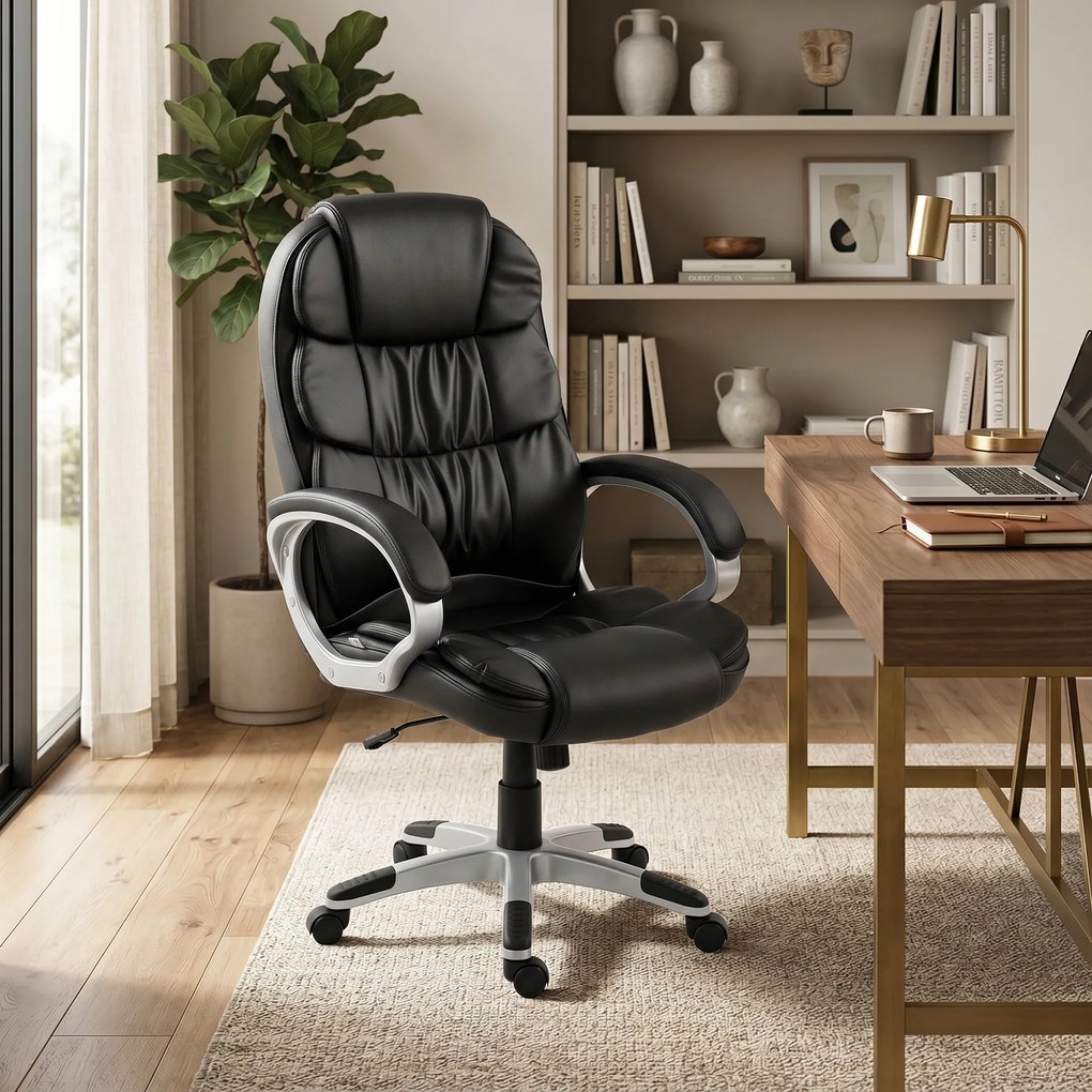 HOMCOM Scaun Birou Ergonomic Rotativ din Piele PU, Funcție Legănare, Înălțime Reglabilă, Capacitate 120kg, Negru | Aosom Romania