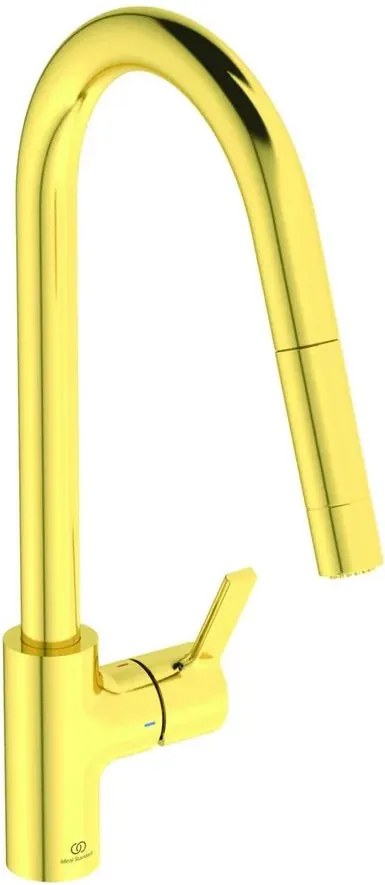 Baterie bucatarie cu dus extactibil Ideal Standard Gusto 233 auriu periat 2 tipuri de jet