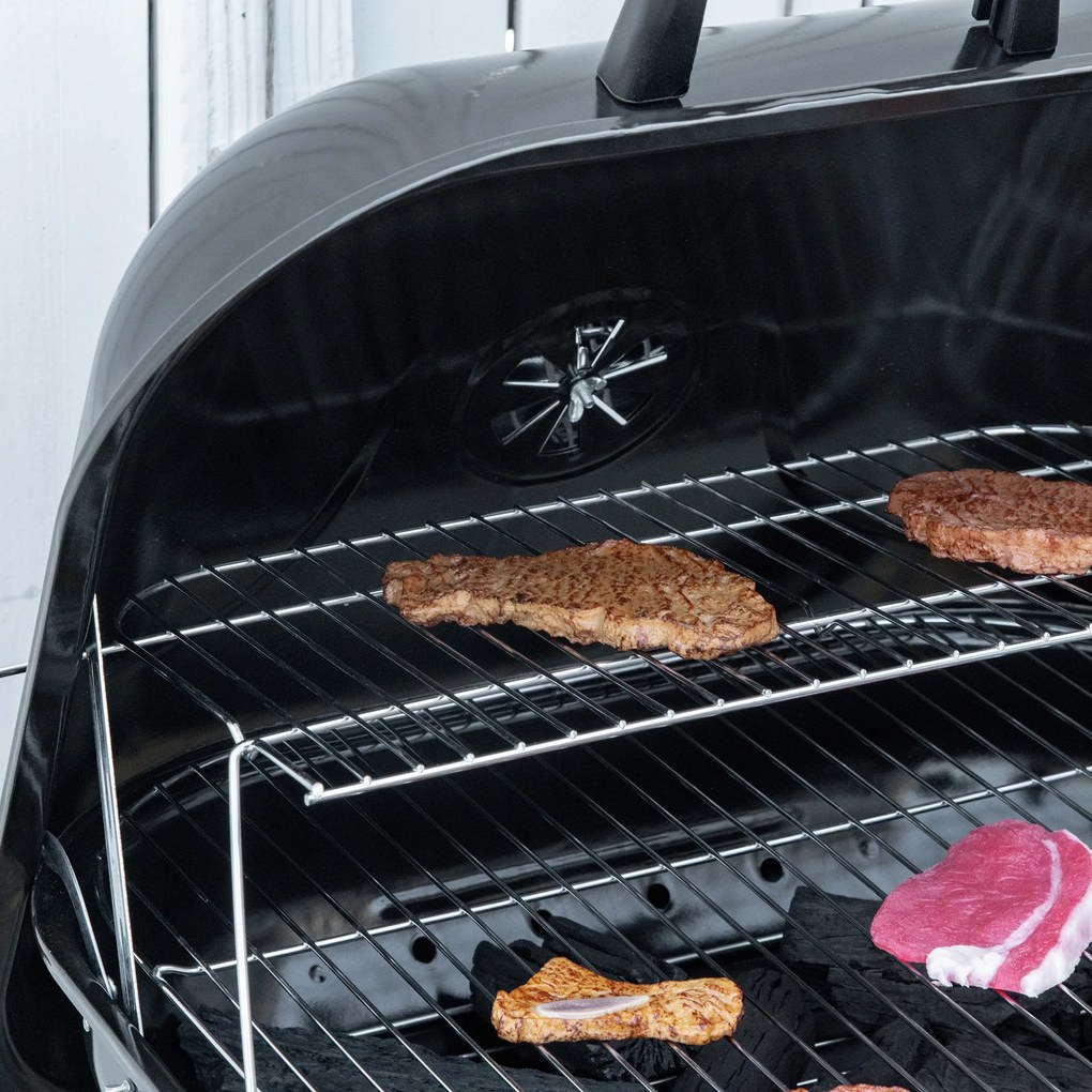 Outsunny Barbecue cu cărbune BBQ cu 2 roți, ustensile, capac și raft dim. 56L x 62l x 82H cm, metal emailat negru | Aosom Romania