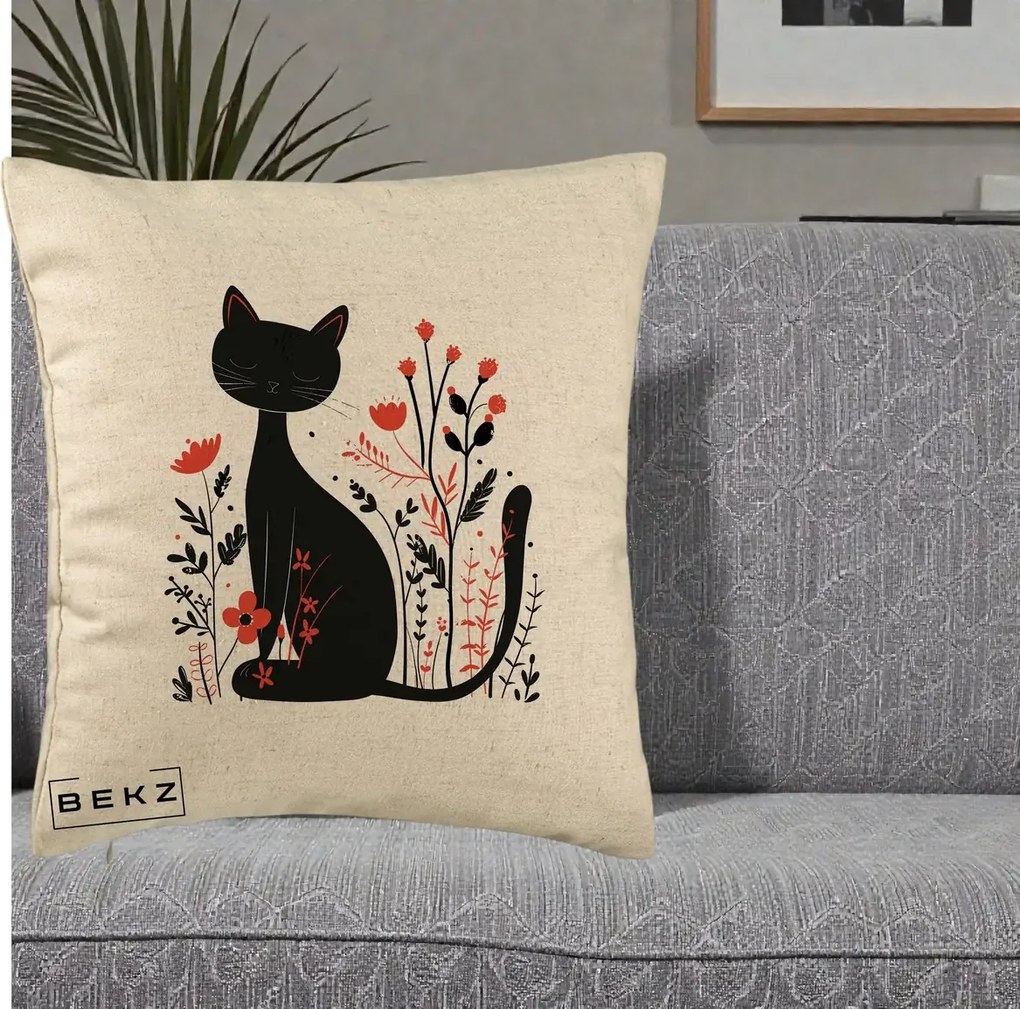 Perna Decorativa Pisica Neagra Flori Rosii Folk Minimal, 40x40 cm, Bej, Husa Detasabila, Perna Inclusa, BEKZ®